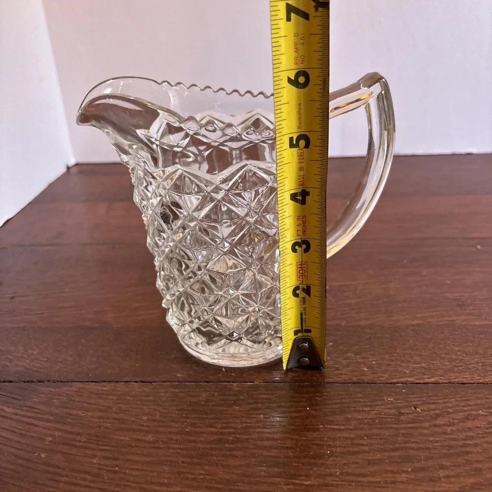 Vintage Pressed Glass Pitcher Diamond Point Sawtooth Pattern Scalloped Rim 5.5in